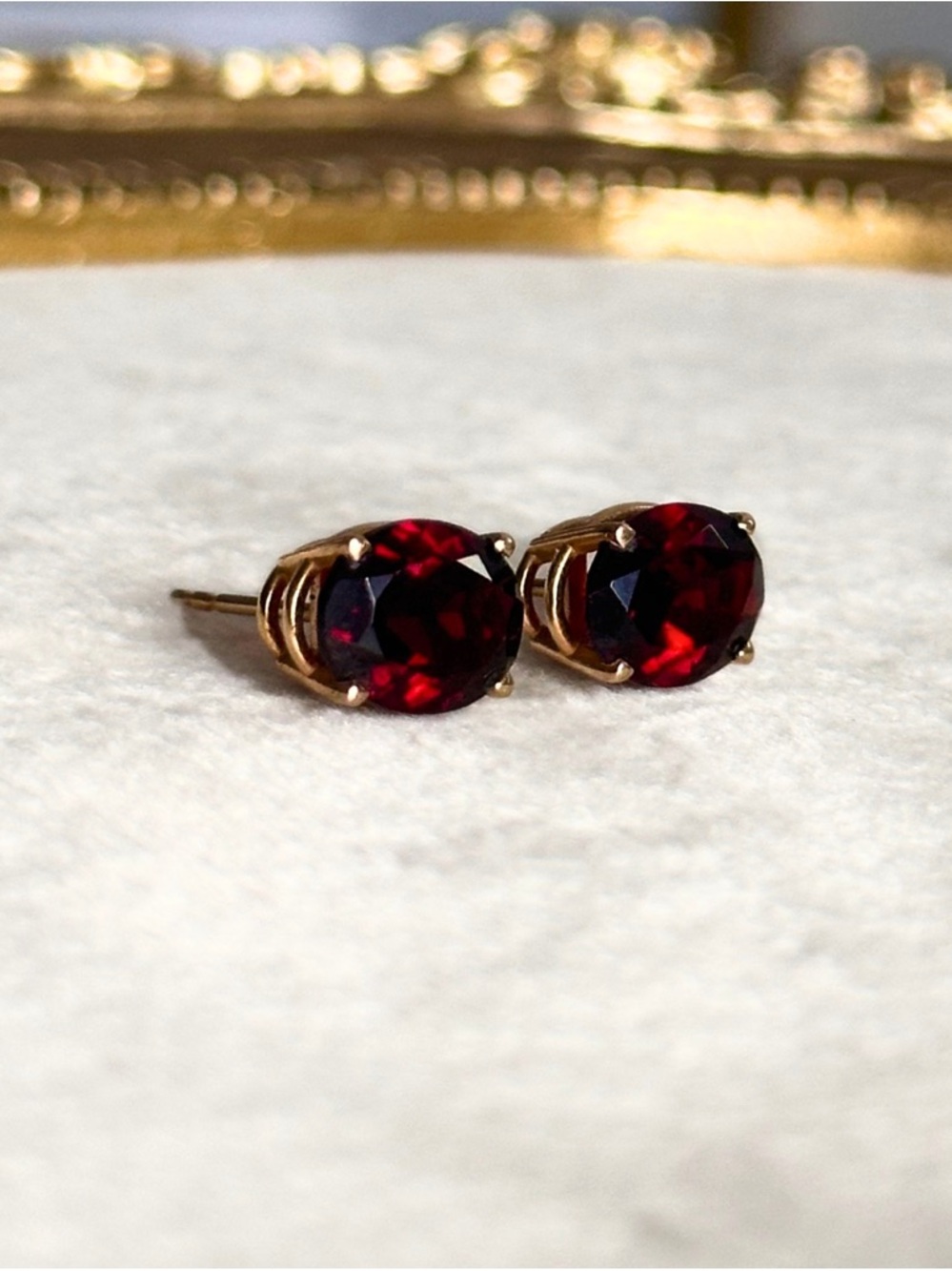 14k Yellow Gold Natural Garnet Oval Stud Earrings - Picture 6 of 10